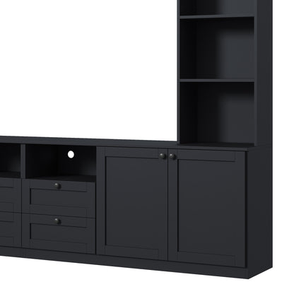 Farmhouse Elegant Entertainment Center Wall Unit with 4 Drawers, Modern Built in TV Stand with Bridge for TVs Up to 70", All-in-One Media Console with Adjustable Shelves for Living Room, Black