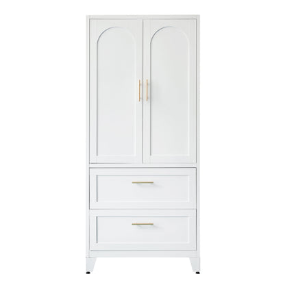 71" Tall Metal Wardrobe Cabinet with 2 Drawers and Hanging Rod, 2 Doors Wardrobe Closet with Shelf for Bedroom, Office, Laundry Room,Entryway ,Foyer,Guesthouse (White)