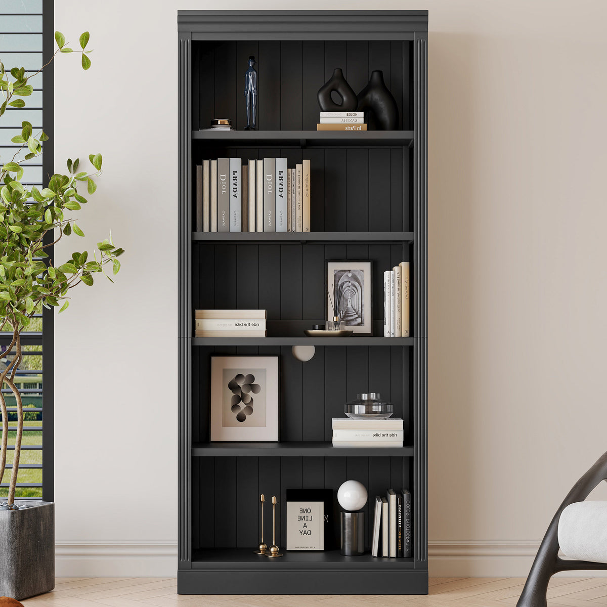 83.4' Tall Wood Bookcase with light strip,5-Tier Decor Bookshelves with Adjustable Shelves,Storage Organizer for CDs/Books/Movies,Free Standing Storage Shelves for Living Room,Home Office,Black
