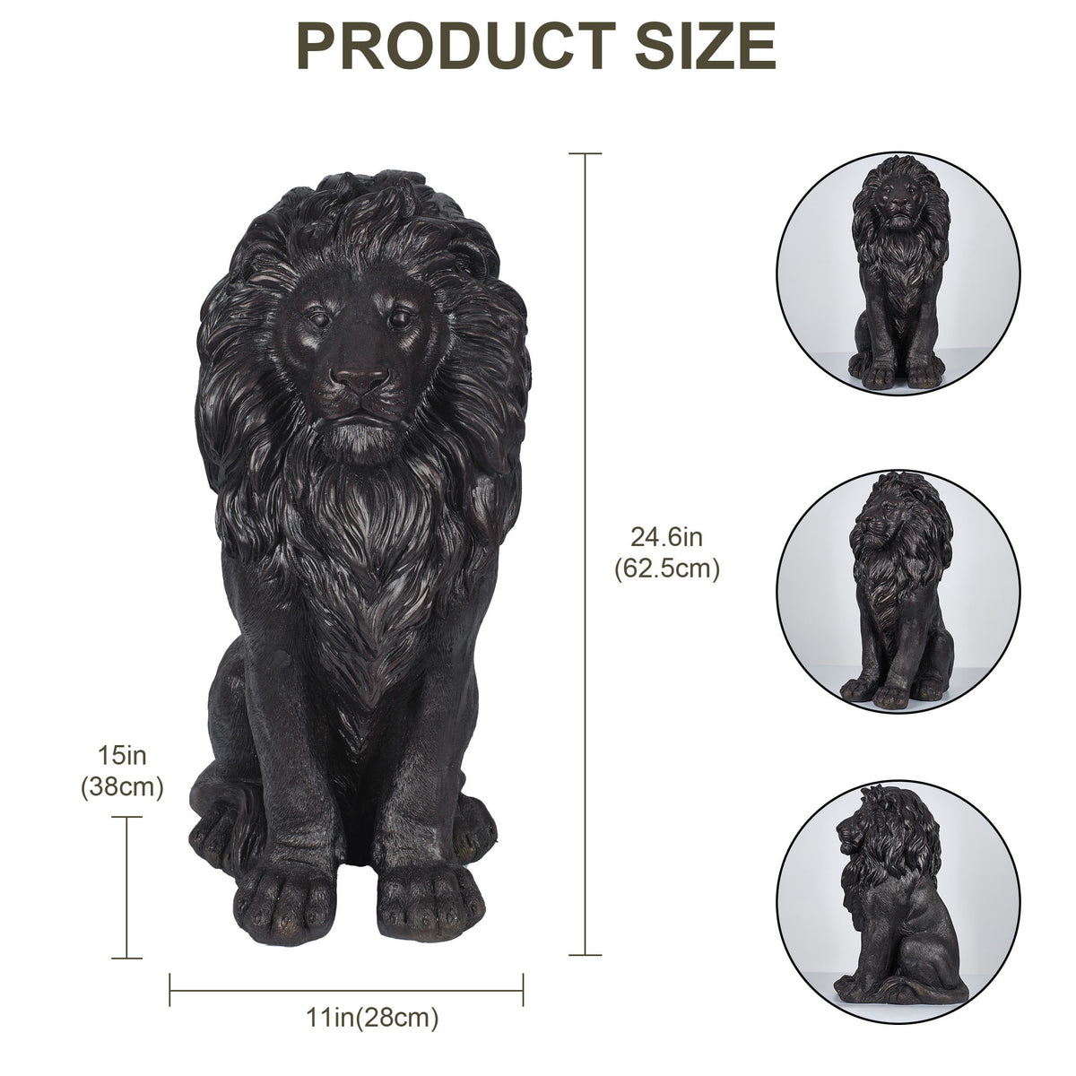 24.61' Black Sitting Lion Statue, Magnesium Oxide Stone Composite Animal Sculpture Statue Decor for Front Door, Yard Patio Garden, Matte Black Finish, Ideal Gift for Housewarming & Estate Decoration