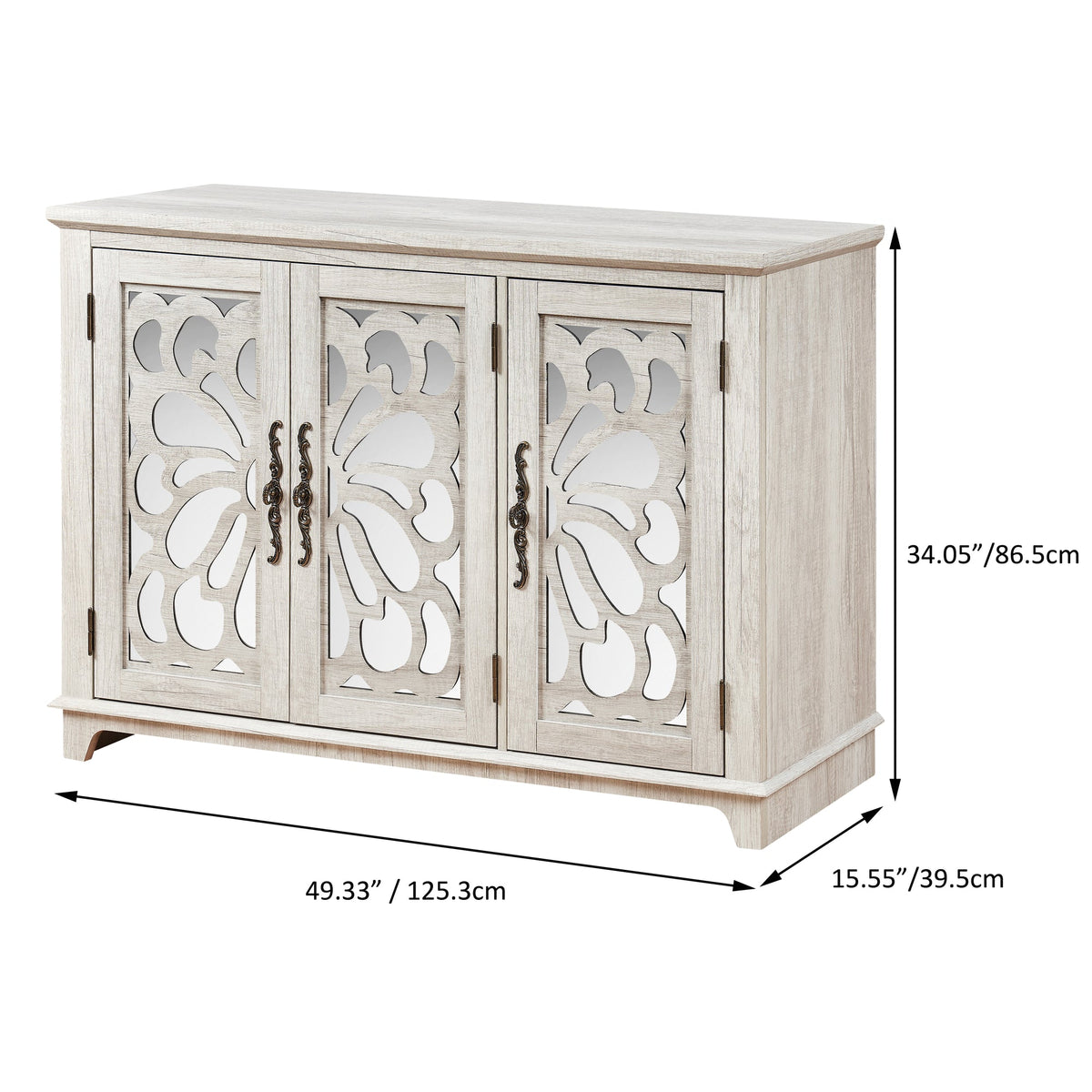 Freestanding Accent Storage Cabinet, MDF Sideboard Buffet Cabinet, Acrylic Mirror Carved Doors, Adjustable Shelf, Spacious Countertop, Anti‑Tip Straps, Easy Assembly for Living Room Hallway Kitchen