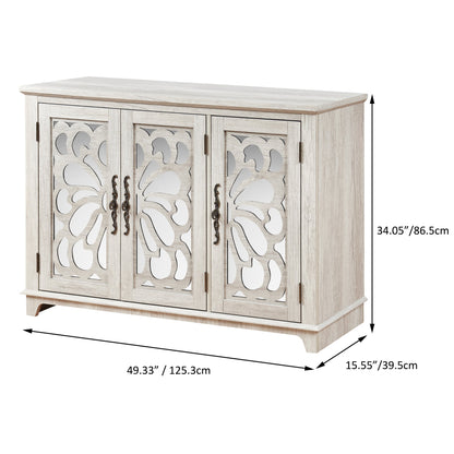 Freestanding Accent Storage Cabinet, MDF Sideboard Buffet Cabinet, Acrylic Mirror Carved Doors, Adjustable Shelf, Spacious Countertop, Anti‑Tip Straps, Easy Assembly for Living Room Hallway Kitchen