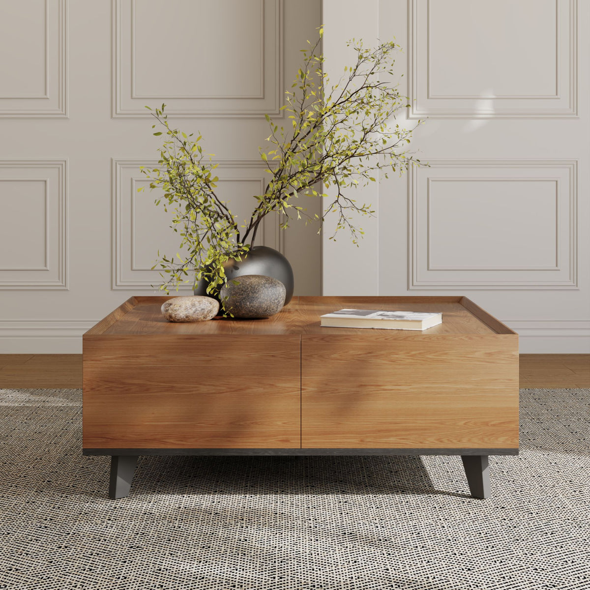 35.43" Square Walnut Finish Coffee Table with Hidden Drawer and Black Base, Modern Large Cocktail Center Table with Storage for Living Room, Apartment and Office