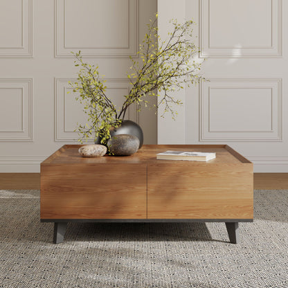 35.43" Square Walnut Finish Coffee Table with Hidden Drawer and Black Base, Modern Large Cocktail Center Table with Storage for Living Room, Apartment and Office