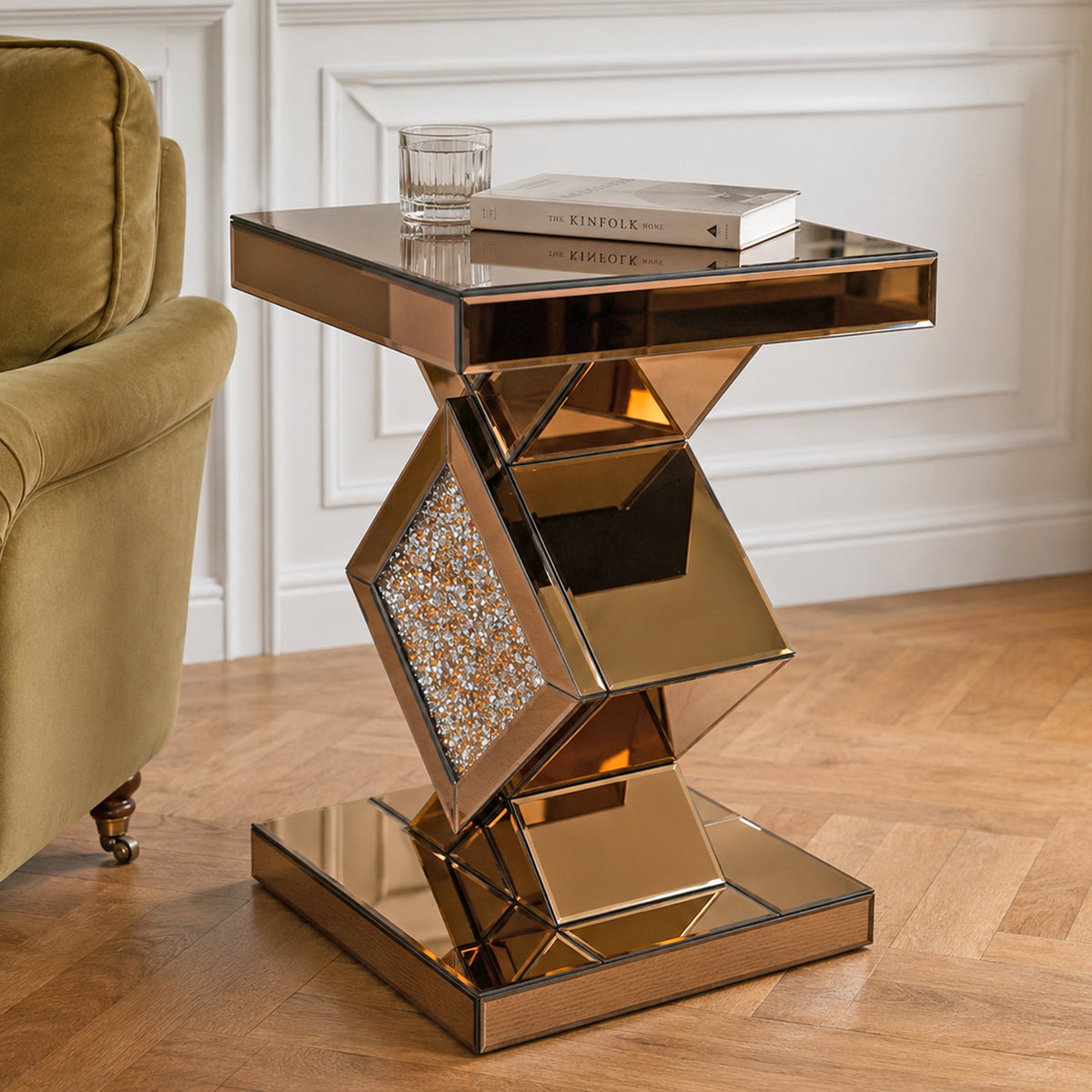 Crushed Diamond Mirrored End Table, Brown Side Accent Table, Small Mirrored Coffee Table for Living Room, Bedroom,