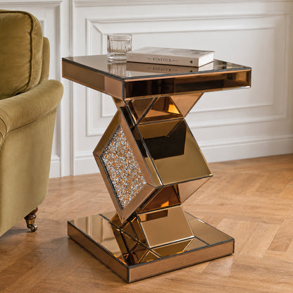 Crushed Diamond Mirrored End Table, Brown Side Accent Table, Small Mirrored Coffee Table for Living Room, Bedroom,