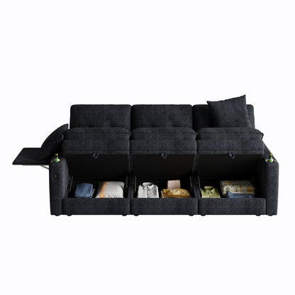 89-inch three-person cloud sofa with storage, armrests featuring hidden tabletop and USB ports, and armrests with storage function. High-quality cashmere three-person sofa. Suitable for living rooms,