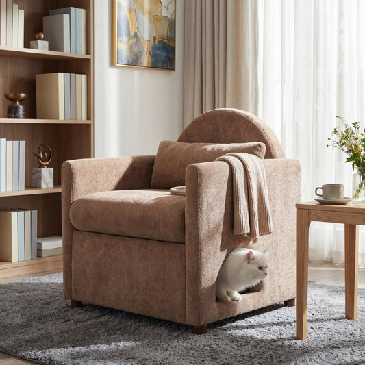 Coffee Pet Friendly Accent Chair with Hidden Pet Nook, Acacia Wood Legs, 220lbs Weight Capacity, Modern Upholstered Armchair for Living Room