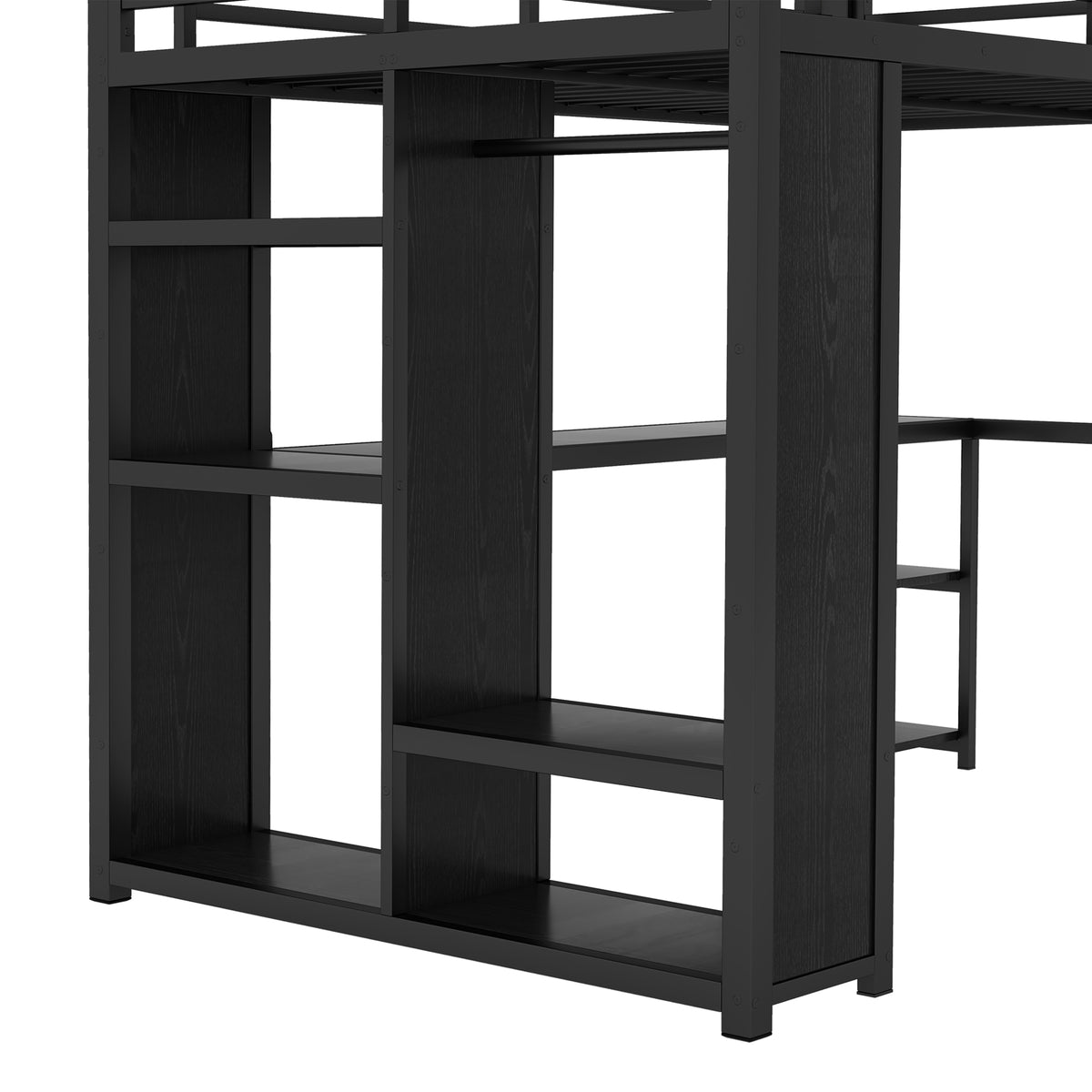 Full Size Loft Bed Frame with Built-in Wardrobe, Metal Loft Bed with Desk and Storage Shelves, Black