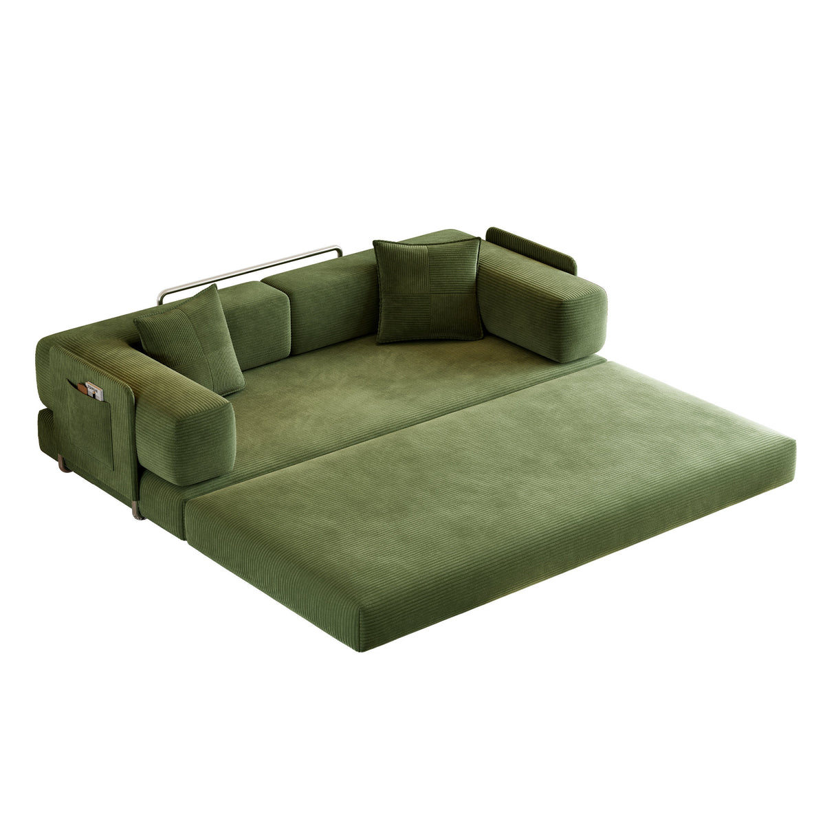 79-Inch Teddy Couch Convertible Sleeper Sofa Bed, 5-in-1 Corduroy Floor Sofa with High-Density Foam, Metal Back and Arm Supports, Washable Cover and Side Pockets, Green