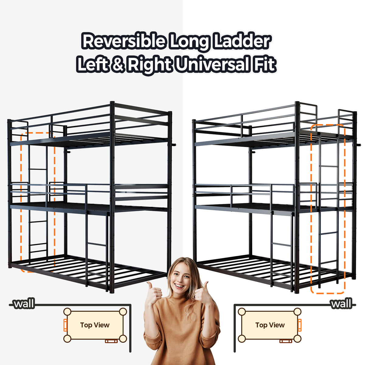 Metal Triple Bunk Bed Twin over Twin over Twin, Heavy Duty 3-in-1 Convertible Metal Bunk Bed Frame with Ladders, Guardrails & Anti-Tip Kit, Space-Saving Bed for Kids, Teens, Adults, No Box Spring Need
