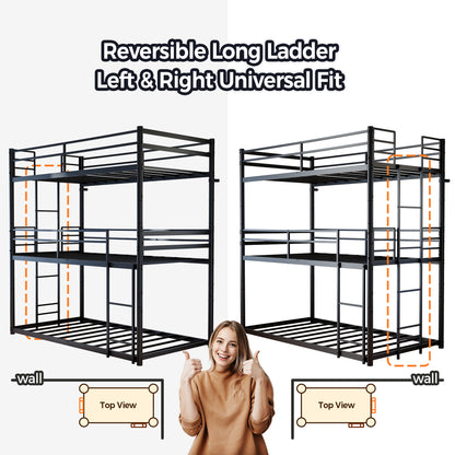Metal Triple Bunk Bed Twin over Twin over Twin, Heavy Duty 3-in-1 Convertible Metal Bunk Bed Frame with Ladders, Guardrails & Anti-Tip Kit, Space-Saving Bed for Kids, Teens, Adults, No Box Spring Need