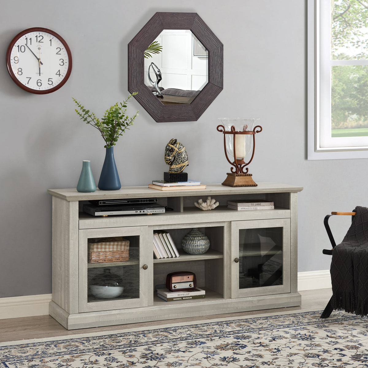 Contemporary TV Media Stand Modern Entertainment Console for TV Up to 65" with Open and Closed Storage Space, Stone Gray