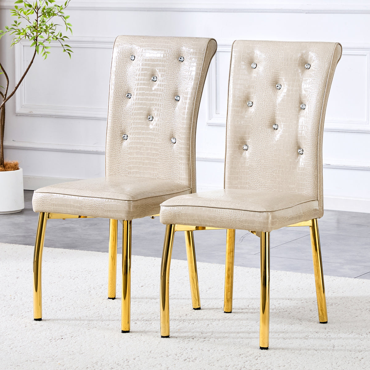 A set of 2 beige and gold vintage crocodile leather cushioned dining chairs, featuring crystal clasp design and artificial leather design, adding a touch of elegance and mystery to the dining area