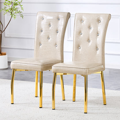 A set of 2 beige and gold vintage crocodile leather cushioned dining chairs, featuring crystal clasp design and artificial leather design, adding a touch of elegance and mystery to the dining area