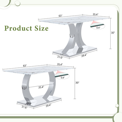 Transformable Heavy-Duty Stainless Steel Base in Silver 63" x 35" Dining Table  Luxury Pandora White Pattern Tempered Glass Rock Top for Kitchen Dining Room