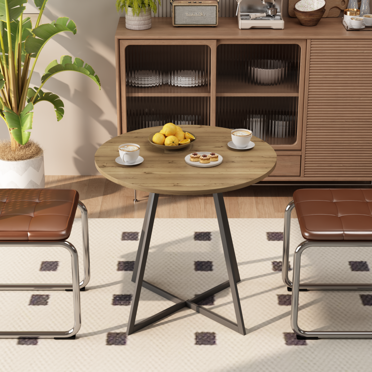 31.5 Inch Round Dining Table, Small Circle Kitchen Table with Metal Black Legs for 2-4 people, Modern Dining Room Table, Brown (only table) – Natural