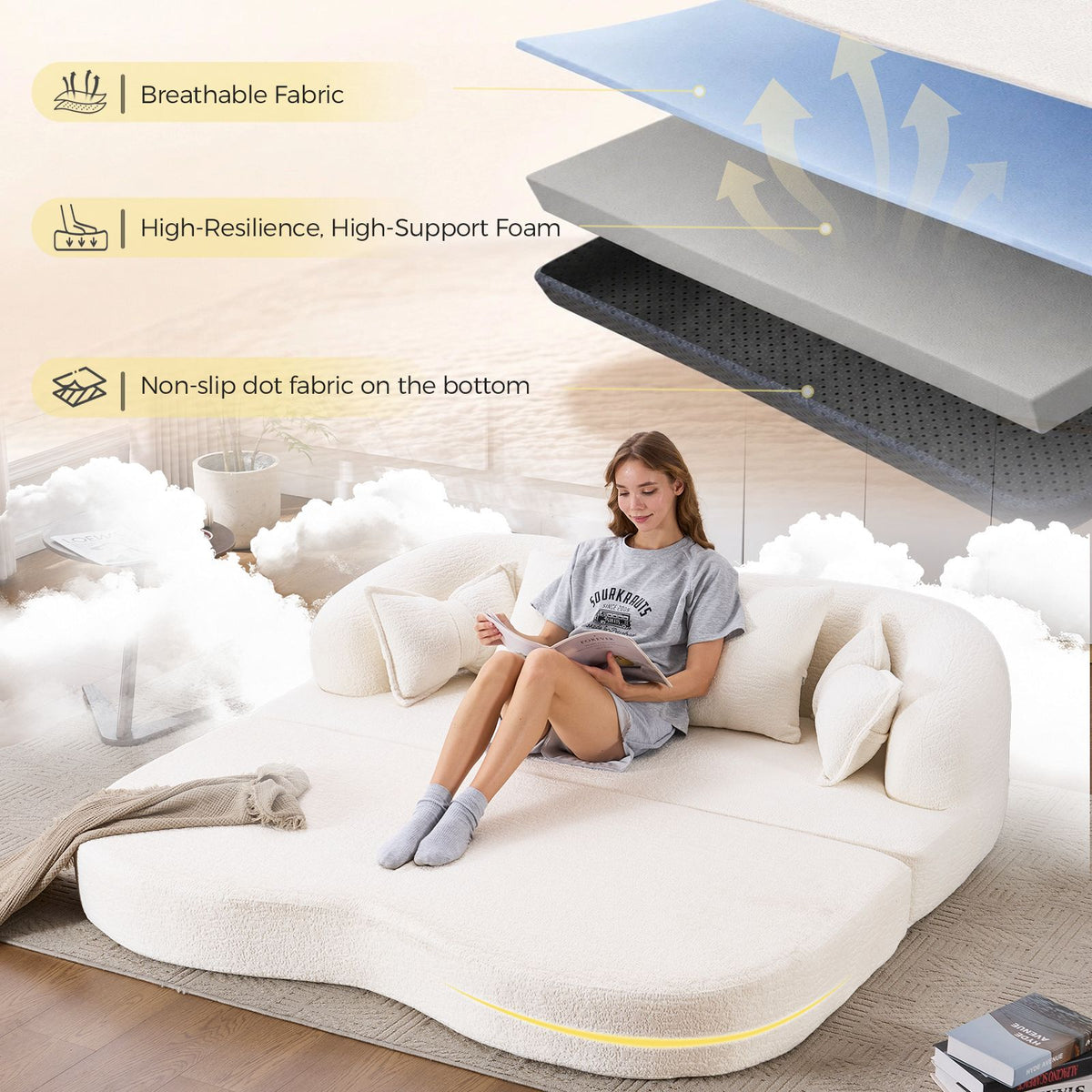(Old Sku : W2231P392100) 2-in-1 Foldable Sofa Bed,70 Inch Folding Boneless Couch Convertible Compressed Sleeper Sofabed, 4 Pillows for Living Room Apartment, Milk White