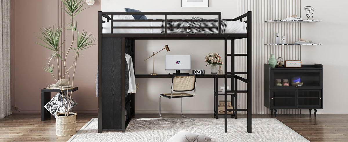 Full Size Loft Bed Frame with Built-in Wardrobe, Metal Loft Bed with Desk and Storage Shelves, Black