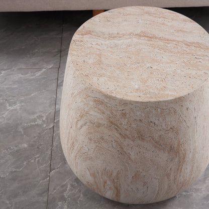 Drum Shaped Accent Coffee Table, MgO Faux Travertine Round Coffee Table, Indoor & Outdoor Decorative Table for Living Room Patio Yard, Top Dia 14.57" x Bottom Dia 18.90" x H 16.54"