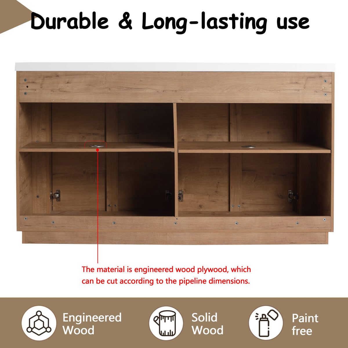 60'' Freestanding Bathroom Vanity with White Resin Sink, 4-Soft-Close Door, KD-Packing, Plywood, Imitative Oak