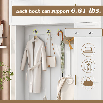 U-Can American Style 4-in-1 Hall Tree with Padded Bench, 4 Hooks, and Multi-Tier Storage Shelves – White