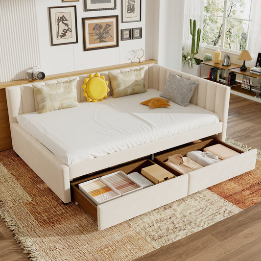 Full Size Daybed with Storage Drawers Upholstered Corner Bed with L Shaped Headboard Velvet Daybed Frame for Living Room Guest Room - Beige