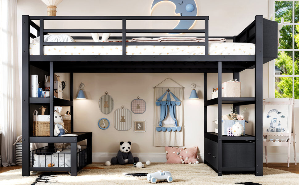 Twin Metal Low Loft Bed for Kids, Low Loft Bed with Storage Drawer, Low Loft Bed with Bookshelf & Storage Bag, Sturdy Low Loft bed Frame with Open Storage Space for Bedroom, Black