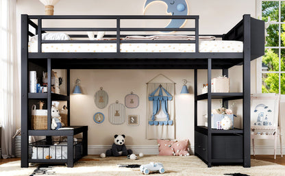 Twin Metal Low Loft Bed for Kids, Low Loft Bed with Storage Drawer, Low Loft Bed with Bookshelf & Storage Bag, Sturdy Low Loft bed Frame with Open Storage Space for Bedroom, Black