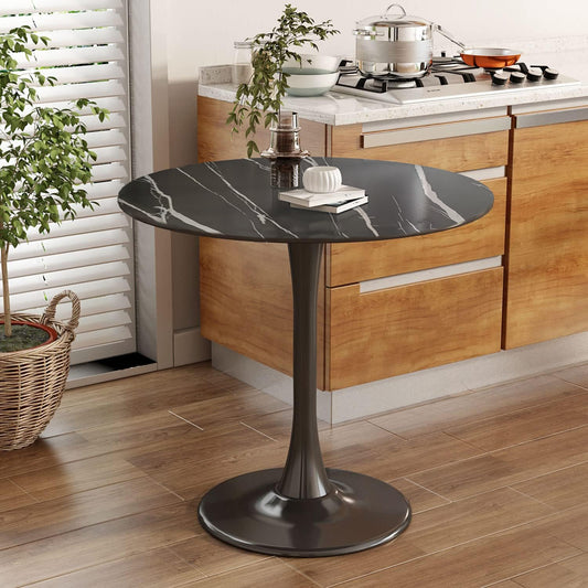 Round Table, Modern Dining Table, MDF Top and Steel Base Tulip Round Kitchen Table, Mid Century Coffee Table for Living Room 24 Inch - Black Marble