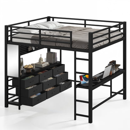 Queen Size Loft Bed with Desk, Loft Bed with Drawers, Loft Bed with Led Light and USB, Sturdy Loft bed Frame, Loft Bed with Mirror, Multi-Functional High Loft Bed for Teens Adults.Black
