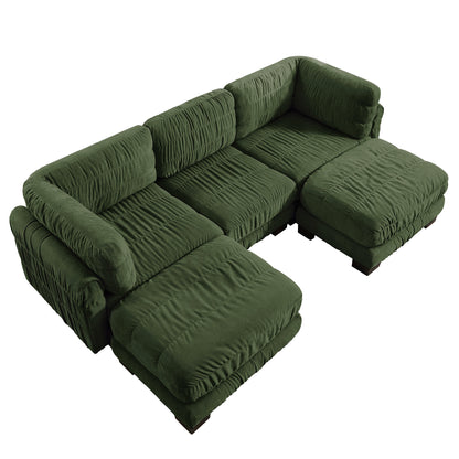 3 Seat Ruched Detailing Chenille Modular Sectional Sofa,Movable 2 Ottomans,High-Density Foam,L Shape Thickened  Back Cushions,Easy Assembly,For Living Room,Bedroom,Green