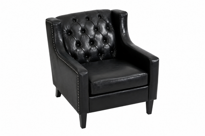 Black Faux PU Leather Accent Chair, Mid-Century Tufted Armchair with Nailhead Trim, Equipped with High Resilience Sponge Cushion & Solid Wood Legs, Comfortable Single Sofa for Living Room, Bedroom