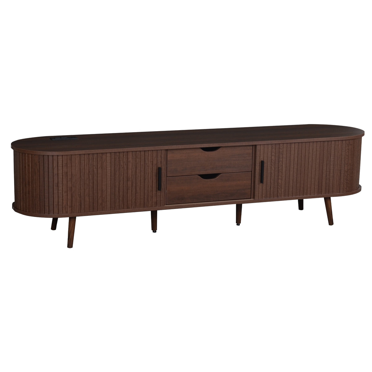 Mid Century Modern TV Stand for 70-Inch TV, Dark Brown MDF & Solid Wood Console with Tambour Doors, Drawers and Built-in Power Outlet