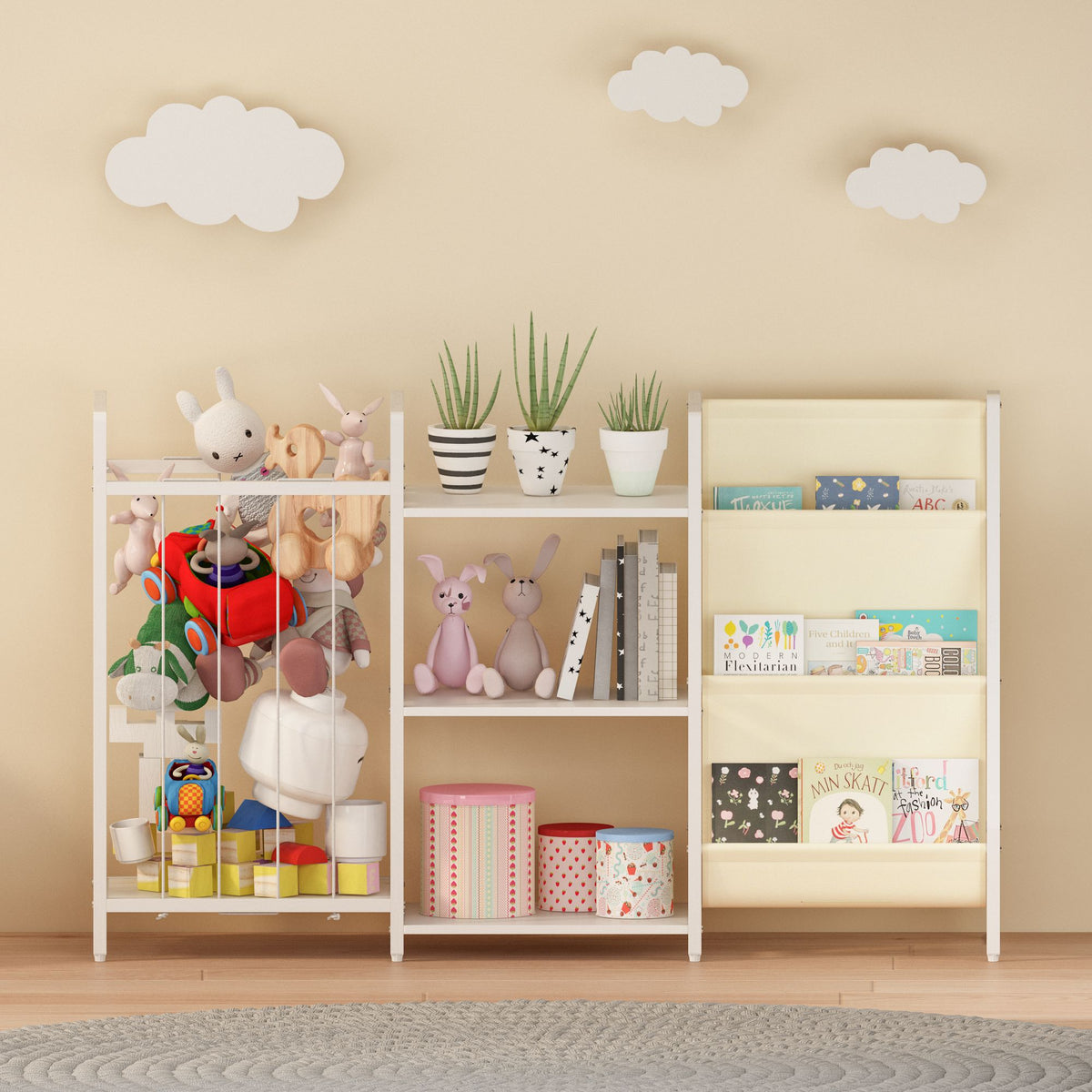 Kids Bookshelf and Toy Storage, 3-in-1 Book Shelf for Kids Rooms, Sling Baby Bookcase with Stuffed Animal Storage, Toddler Montessori Bookshelf for Nursery, Playroom, Kindergarten, White
