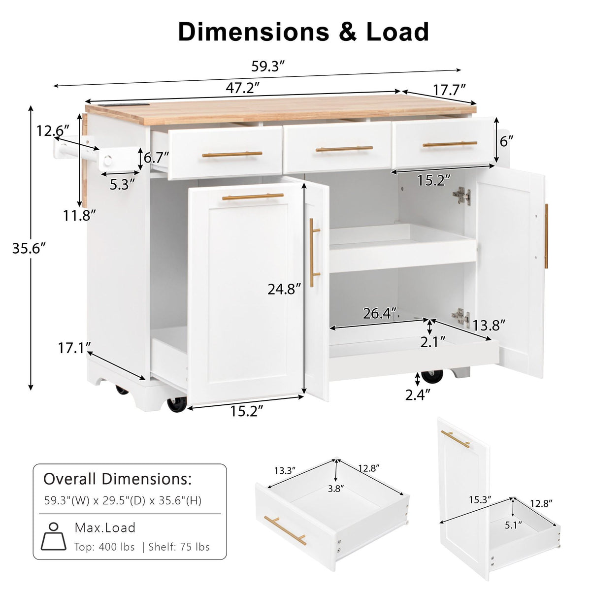 K&K 59.3" Kitchen Island with Storage 2 Pull Out Cabinet Organizers & Rubber Wood Drop Leaf, Rolling Kitchen Island with Trash Can Storage