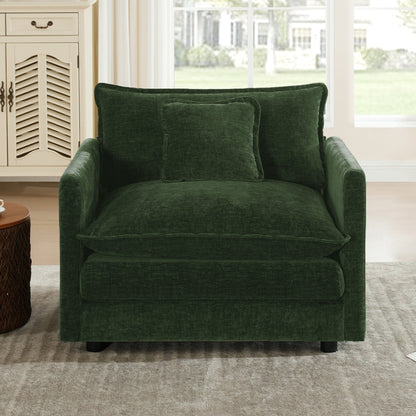 Comfy Deep Single Seat Sofa Upholstered Reading Armchair Living Room Chair Green Chenille Fabric, 1 Toss Pillow