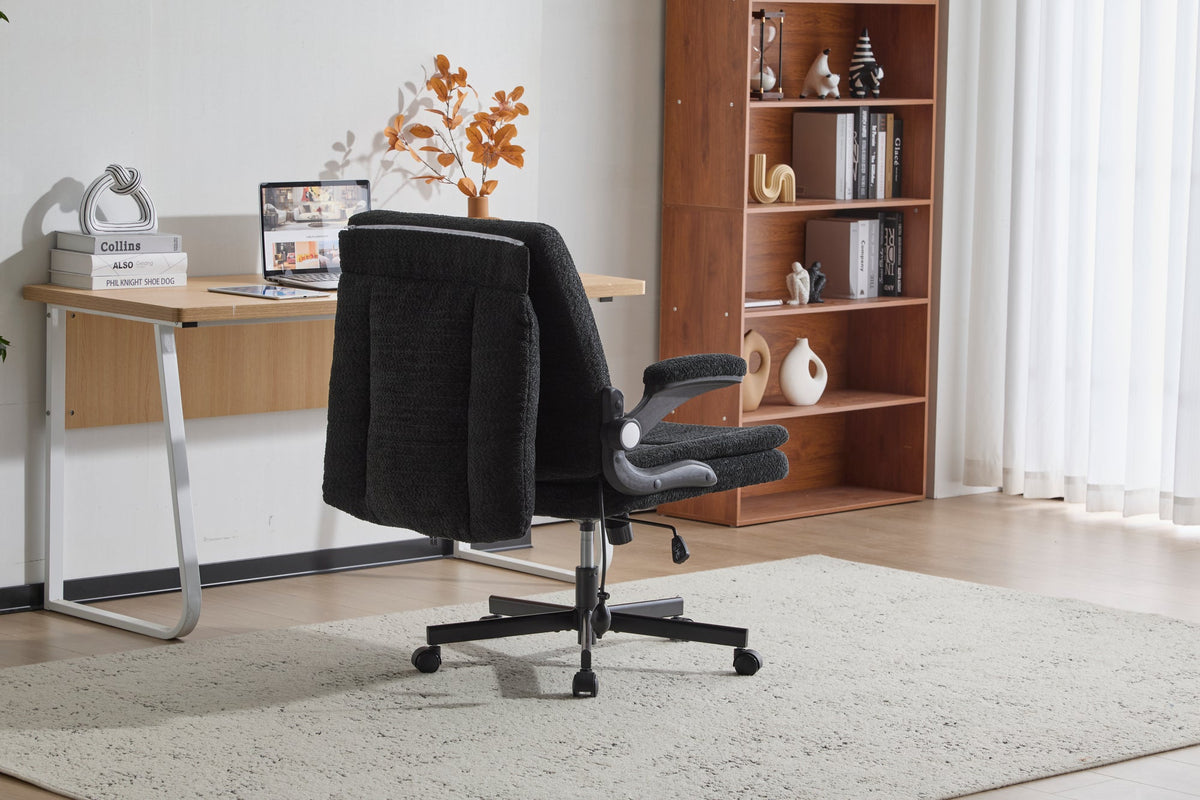 Criss Cross Legged Office Chair with Flip-Up Back Built-In Dynamic Airbag Lumbar Support, Wide Seat Desk Chair with Flip-Up Arms and Wheels, Modern Cross-Leg Chair for Home Office, Vanity, Black.
