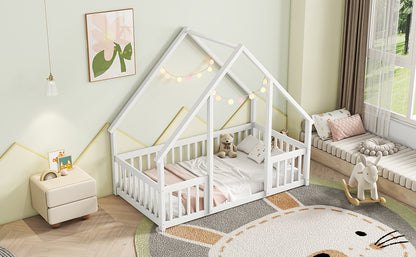 Twin Wood House-Shaped Floor Bed with Fence, Guardrails, White