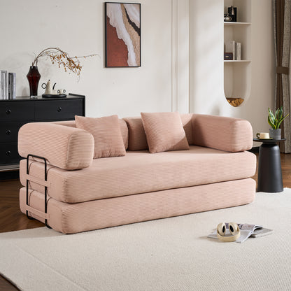 Convertible Sleeper Sofa Bed with Cylindrical Pillow, Corduroy Folding Mattress Couch with Fixed-Shape Frame, Floor Sofa Lounge Couch - Pink