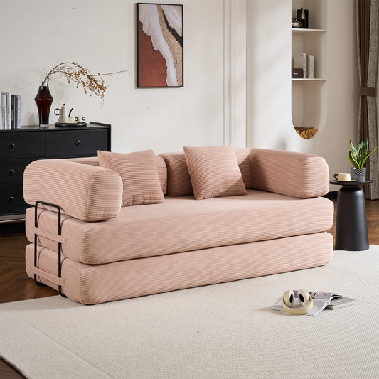 Convertible Sleeper Sofa Bed with Cylindrical Pillow, Corduroy Folding Mattress Couch with Fixed-Shape Frame, Floor Sofa Lounge Couch - Pink