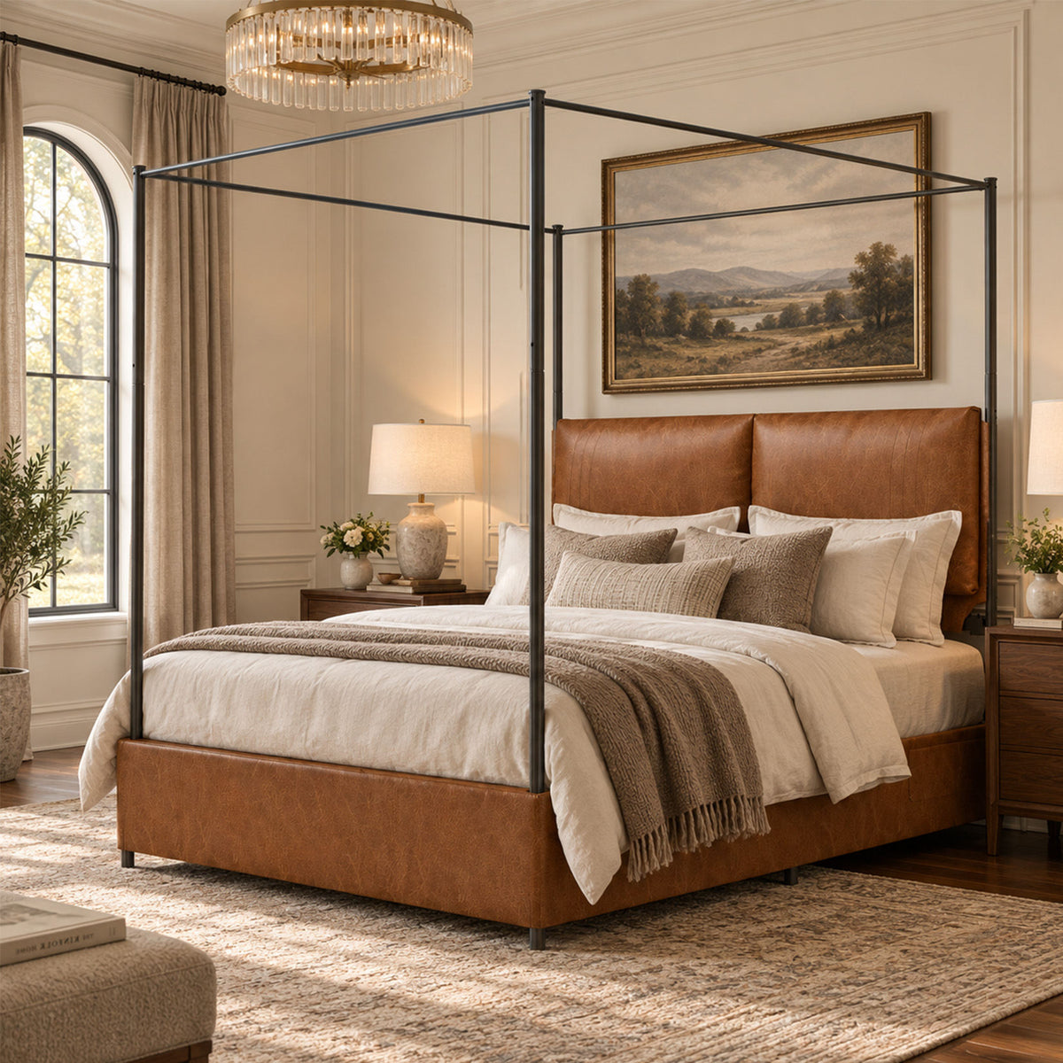 Queen Canopy Bed Frame,  Faux Leather Upholstered Bed with Metal Frame, Four Poster Platform Bed, No Box Spring Needed, Rustic Brown