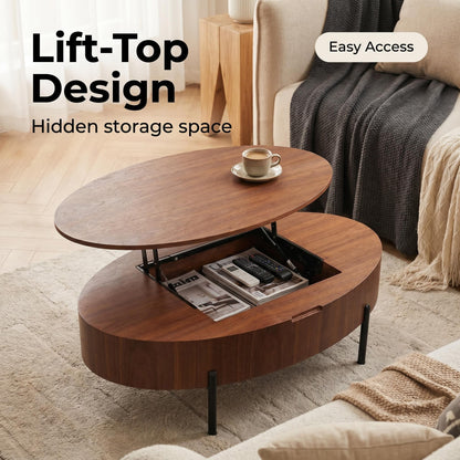 43.3-inch height-adjustable coffee table with solid wood veneer; modern-style coffee table with storage and adjustable height, suitable for living rooms, bedrooms, flats or offices; walnut colour