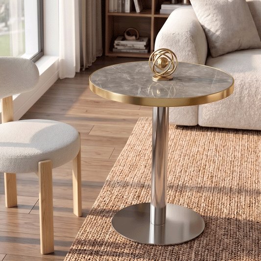 Modern Gray Round Bistro Table, 23.6" Faux Gray Marble Small Dining Table with Stainless Steel Base & Gold Trim Edge Banding, High-Gloss Compact Accent Table for Kitchen Office Balcony.