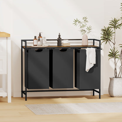 Laundry Hamper with Shelf, 3-Bin Laundry Sorter with Wood Top, Double Hamper with Removable Fabric Bags, Metal Frame, Freestanding Clothes Organizer for Bedroom, Bathroom, or Laundry Room