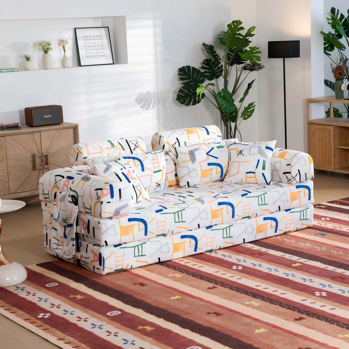 Abstract Line Printed Convertible Sleeper Sofa Bed High Density Compressed Sponge Foldable Multi-functional Upholstered Couch for Living Room Hotel Apartment