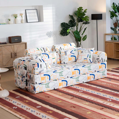 Abstract Line Printed Convertible Sleeper Sofa Bed High Density Compressed Sponge Foldable Multi-functional Upholstered Couch for Living Room Hotel Apartment