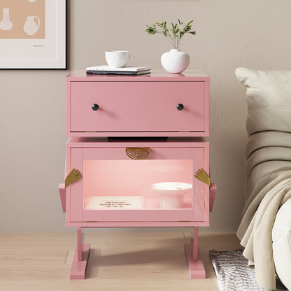 Nightstand with LED Light Strips, Modern End Table with 360° Rotating Drawer, Bedside Table with Glass Door Storage, Wood Night Stand Cabinet for Living Room, Bedroom, Pink
