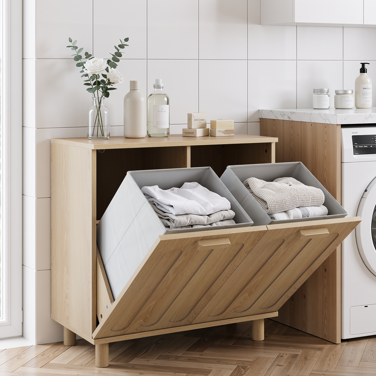 Tilt-out laundry cabinet with removable basket, concealed laundry storage, bathroom laundry storage unit, freestanding home storage rack, oak finish