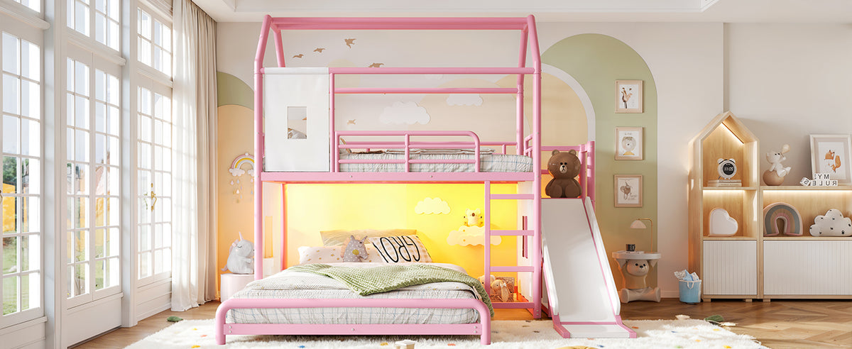 Twin over Full Playhouse Metal Bunk Bed with Slide & Ladder, House Shaped Bunk Bed with LED Light Strip, Privacy Curtain, Movable Storage Cabinet and Hanging Rod, Twin over Full Kids Bunk Bed , Pink